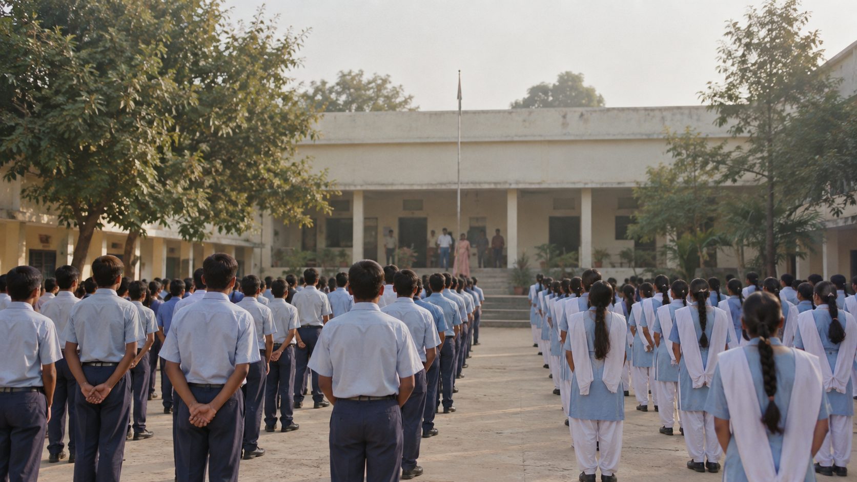 Morning assembly, wide, soft overcast light