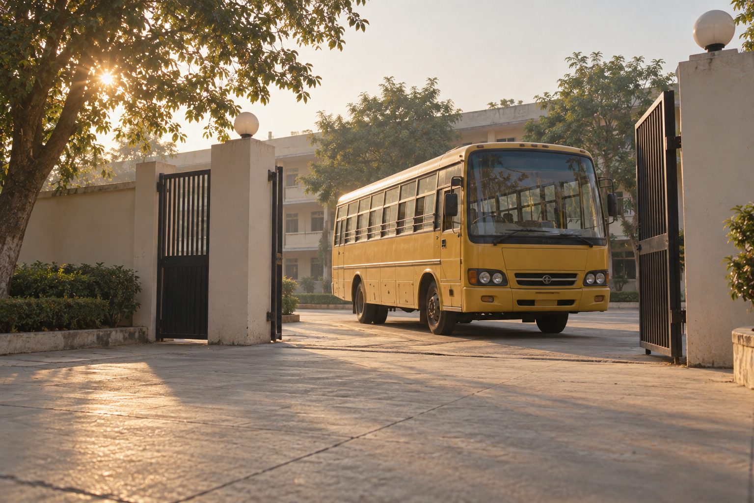 School bus at the gate, early light