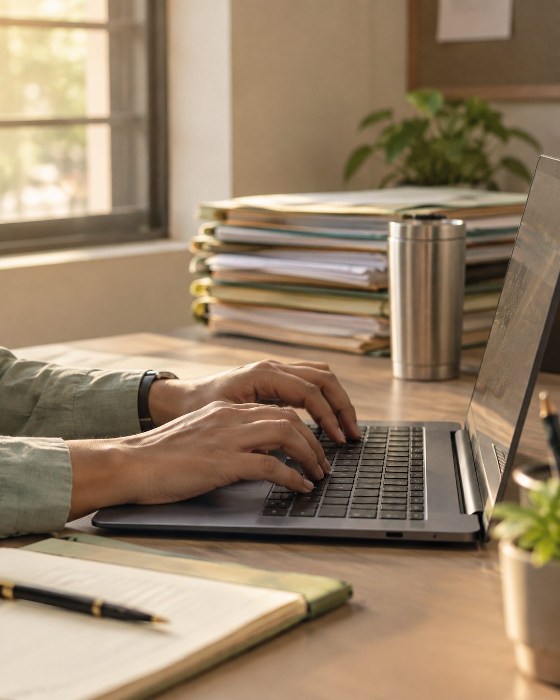 Admin desk, hands on keyboard, warm window light